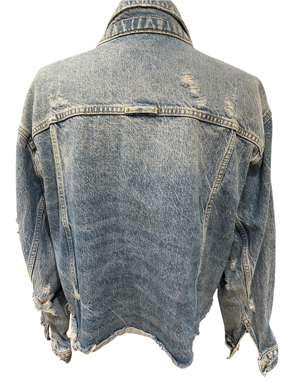 Free People We The Free Distressed Cropped Swing Jean Jacket SZ M Blue - Picture 3 of 7